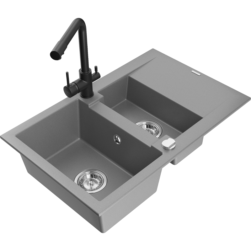 Mexen Gaspar Granitspüle 1,5-Becken mit Abtropffläche und Küchenarmatur Duero, grau - 6507-71-671600-70
