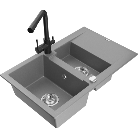Mexen Gaspar Granitspüle 1,5-Becken mit Abtropffläche und Küchenarmatur Duero, grau - 6507-71-671600-70