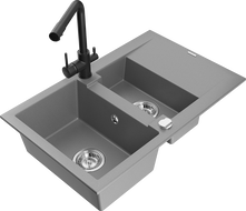 Mexen Gaspar Granitspüle 1,5-Becken mit Abtropffläche und Küchenarmatur Duero, grau - 6507-71-671600-70
