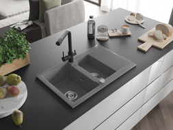 Mexen Gaspar Granitspüle 1,5-Becken mit Abtropffläche und Küchenarmatur Duero, grau - 6507-71-671600-70