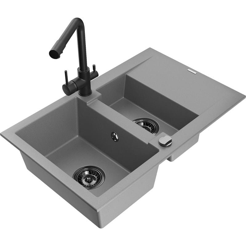 Mexen Gaspar granitspüle 1,5-beckig mit Abtropffläche und Küchenarmatur Duero, grau - 6507-71-671600-70-B