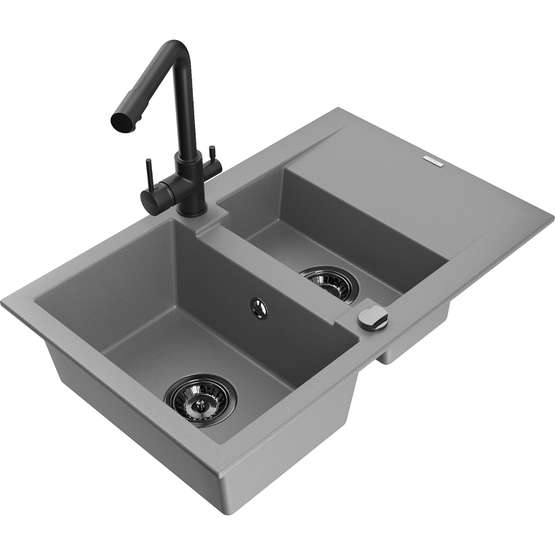 Mexen Gaspar Granitspüle 1,5-Kammer mit Abtropffläche und Küchenarmatur Duero, grau - 6507-71-671600-70-B