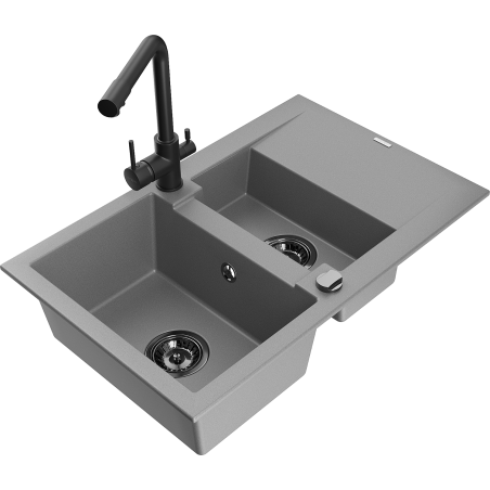 Mexen Gaspar Granitspüle 1,5-Becken mit Abtropffläche und Küchenarmatur Duero, grau - 6507-71-671600-70-B