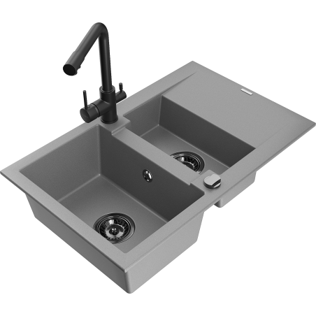 Mexen Gaspar Granitspüle 1,5-Kammer mit Abtropffläche und Küchenarmatur Duero, grau - 6507-71-671600-70-B