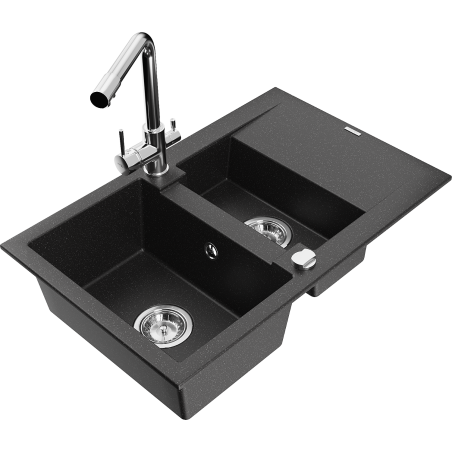 Mexen Gaspar Granitspüle 1,5-Becken mit Abtropffläche und Küchenarmatur Duero, schwarz/silber - 6507-73-671600-00