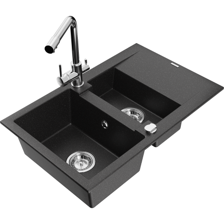 Mexen Gaspar Granitspüle 1,5-Kammer mit Abtropffläche und Küchenarmatur Duero, schwarz/silber - 6507-73-671600-00