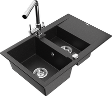 Mexen Gaspar Granitspüle 1,5-Becken mit Abtropffläche und Küchenarmatur Duero, schwarz/silber - 6507-73-671600-00