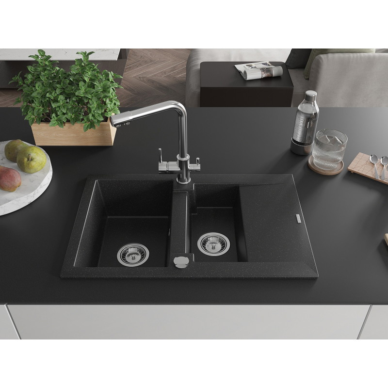 Mexen Gaspar Granitspüle 1,5-Kammer mit Abtropffläche und Küchenarmatur Duero, schwarz/silber - 6507-73-671600-00