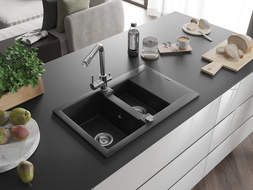 Mexen Gaspar Granitspüle 1,5-Becken mit Abtropffläche und Küchenarmatur Duero, schwarz/silber - 6507-73-671600-00