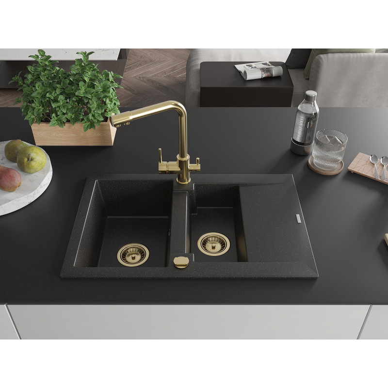 Mexen Gaspar Granitspüle 1,5-Becken mit Abtropffläche und Küchenarmatur Duero, schwarz/silber - 6507-73-671600-50