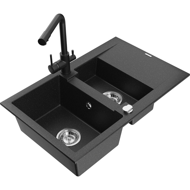 Mexen Gaspar granitspüle 1,5-beckig mit abtropffläche und küchenarmatur Duero, schwarz/silber - 6507-73-671600-70