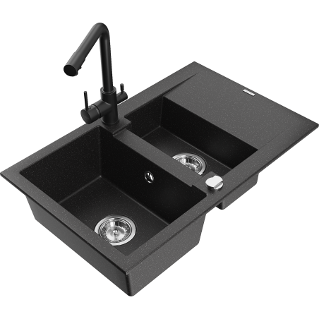 Mexen Gaspar Granitspüle 1,5-Becken mit Abtropffläche und Küchenarmatur Duero, schwarz/silber - 6507-73-671600-70