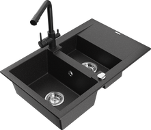 Mexen Gaspar Granitspüle 1,5-Becken mit Abtropffläche und Küchenarmatur Duero, schwarz/silber - 6507-73-671600-70