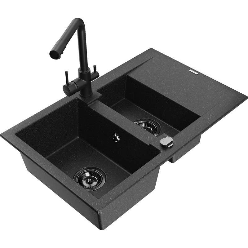 Mexen Gaspar Granitspüle 1,5-becken mit Abtropffläche und Küchenarmatur Duero, schwarz/silber - 6507-73-671600-70-B