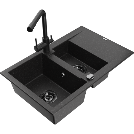 Mexen Gaspar Granitspüle 1,5-becken mit Abtropffläche und Küchenarmatur Duero, schwarz/silber - 6507-73-671600-70-B
