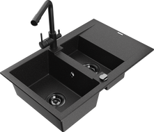Mexen Gaspar Granitspüle 1,5-becken mit Abtropffläche und Küchenarmatur Duero, schwarz/silber - 6507-73-671600-70-B