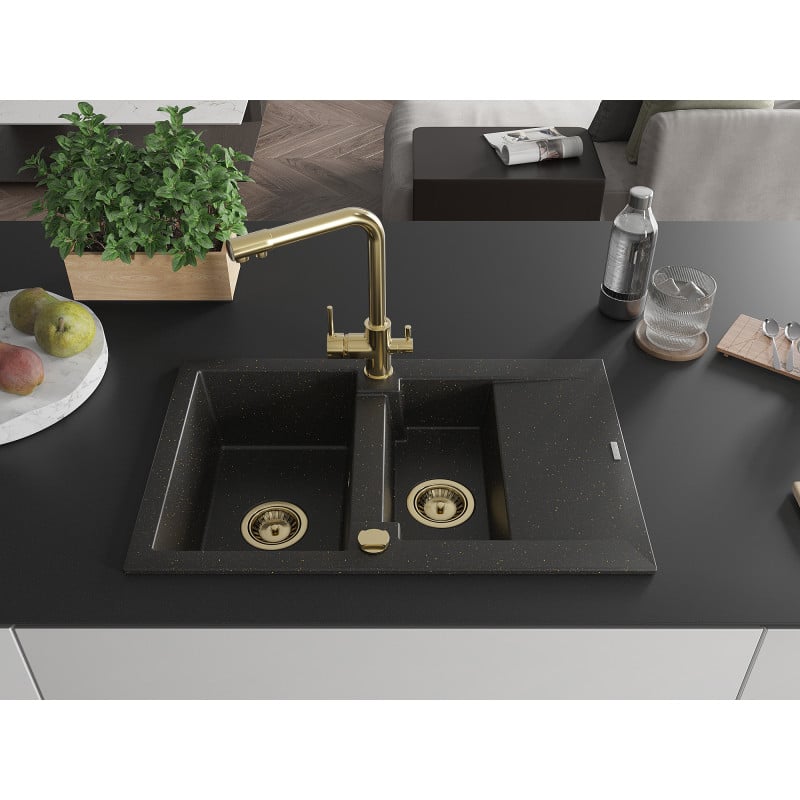 Mexen Gaspar Granitspüle 1,5-fach mit Abtropffläche und Küchenarmatur Duero, schwarz/gold metallic - 6507-75-671600-50