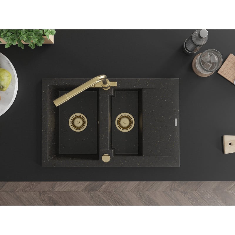 Mexen Gaspar Granitspüle 1,5-fach mit Abtropffläche und Küchenarmatur Duero, schwarz/gold metallic - 6507-75-671600-50