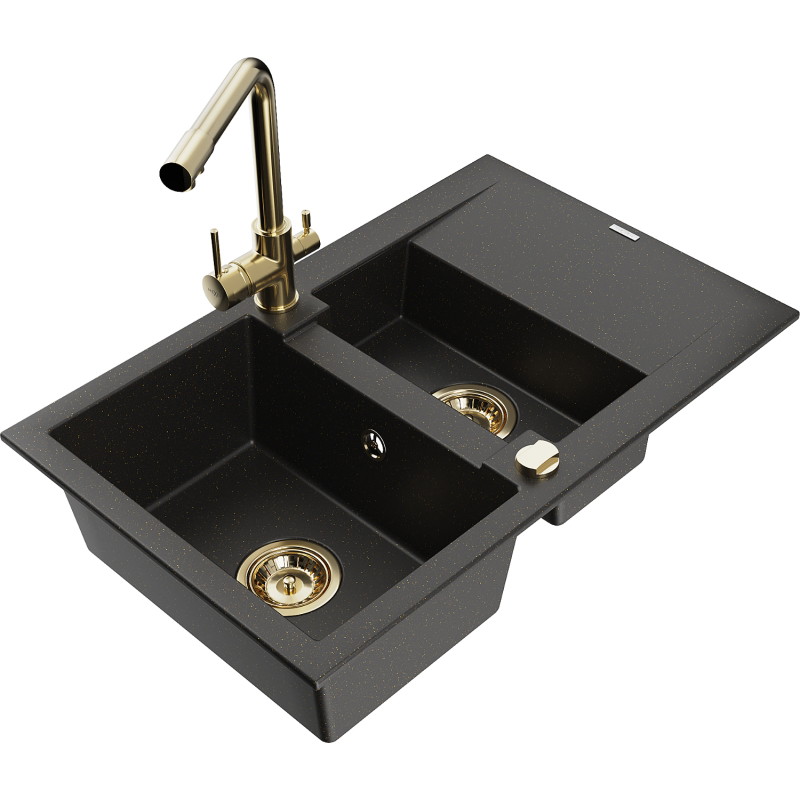 Mexen Gaspar 1,5-Becken Granitspüle mit Abtropffläche und Küchenarmatur Duero, schwarz/gold metallic - 6507-75-671600-50