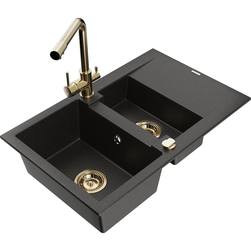 Mexen Gaspar Granitspüle 1,5-Becken mit Abtropffläche und Küchenarmatur Duero, schwarz/goldener Metallic - 6507-75-671600-50
