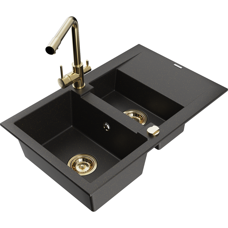 Mexen Gaspar Granitspüle 1,5-fach mit Abtropffläche und Küchenarmatur Duero, schwarz/gold metallic - 6507-75-671600-50