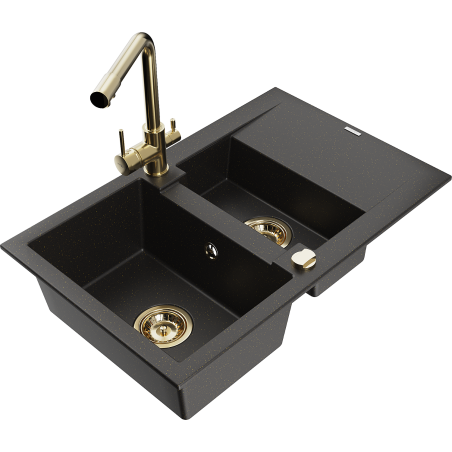 Mexen Gaspar Granitspüle 1,5-Becken mit Abtropffläche und Küchenarmatur Duero, schwarz/goldener Metallic - 6507-75-671600-50