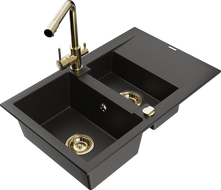 Mexen Gaspar Granitspüle 1,5-fach mit Abtropffläche und Küchenarmatur Duero, schwarz/gold metallic - 6507-75-671600-50