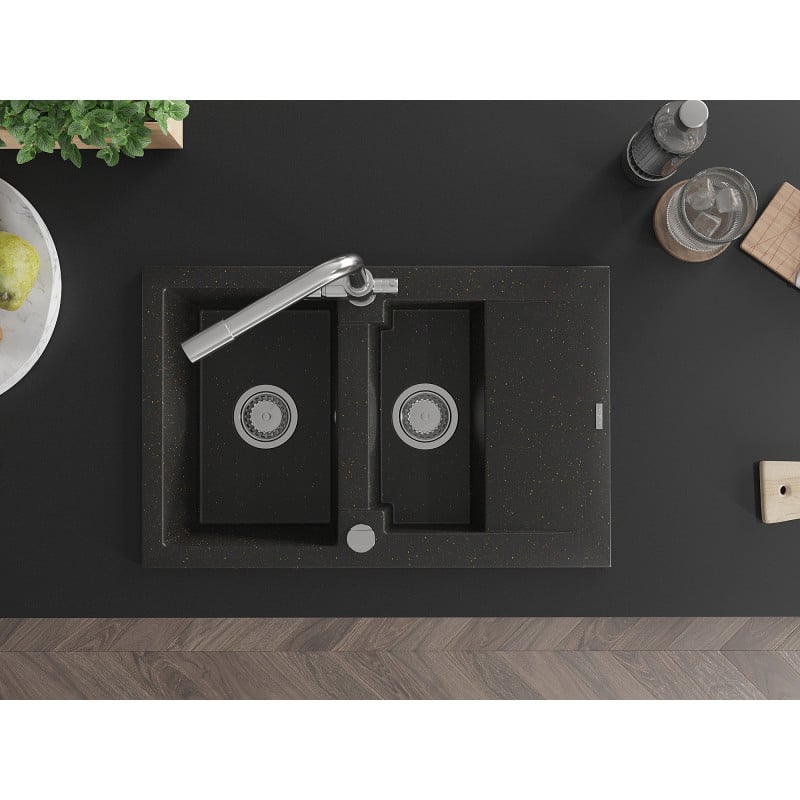 Mexen Gaspar Granitspüle 1,5-Becken mit Abtropffläche und Küchenarmatur Duero, Schwarz/Gold Metallic - 6507-75-671600-00