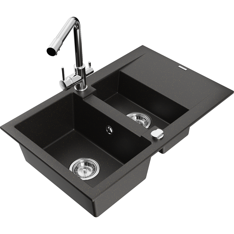 Mexen Gaspar Granitspüle 1,5-Becken mit Abtropffläche und Küchenarmatur Duero, Schwarz/Gold Metallic - 6507-75-671600-00