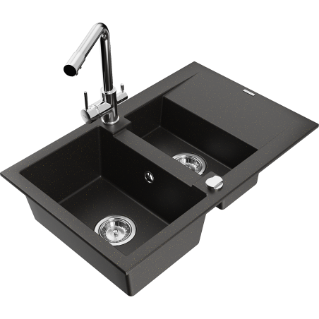 Mexen Gaspar 1,5-Schüssel Granitspüle mit Abtropffläche und Küchenarmatur Duero, schwarz/gold metallic - 6507-75-671600-00
