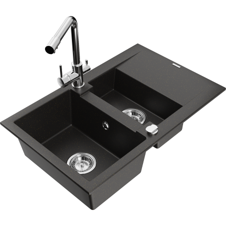 Mexen Gaspar Granitspüle 1,5-Becken mit Abtropffläche und Küchenarmatur Duero, Schwarz/Gold Metallic - 6507-75-671600-00