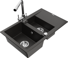 Mexen Gaspar Granitspüle 1,5-Becken mit Abtropffläche und Küchenarmatur Duero, Schwarz/Gold Metallic - 6507-75-671600-00