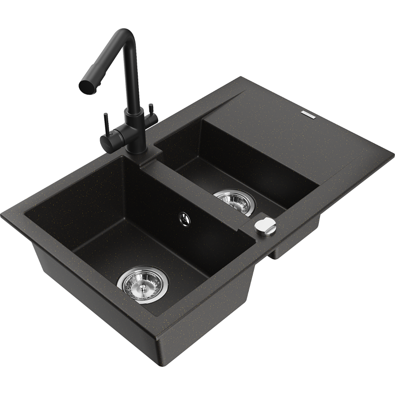 Mexen Gaspar Granitspüle 1,5-Becken mit Abtropffläche und Küchenarmatur Duero, schwarz/gold - 6507-75-671600-70