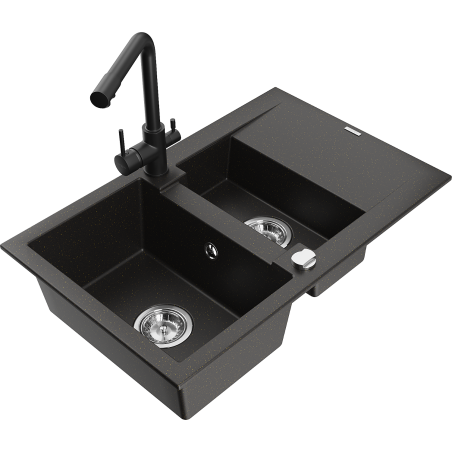 Mexen Gaspar Granitspüle 1,5-Becken mit Abtropffläche und Küchenarmatur Duero, schwarz/gold - 6507-75-671600-70