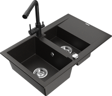 Mexen Gaspar Granitspüle 1,5-Becken mit Abtropffläche und Küchenarmatur Duero, schwarz/gold - 6507-75-671600-70