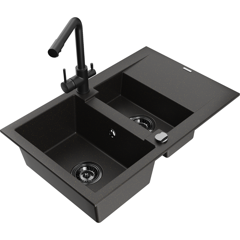 Mexen Gaspar Granitspüle 1,5-Becken mit Abtropffläche und Küchenarmatur Duero, schwarz/gold - 6507-75-671600-70-B
