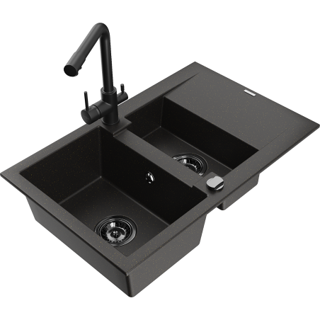 Mexen Gaspar Granitspüle 1,5-Becken mit Abtropffläche und Küchenarmatur Duero, schwarz/gold - 6507-75-671600-70-B