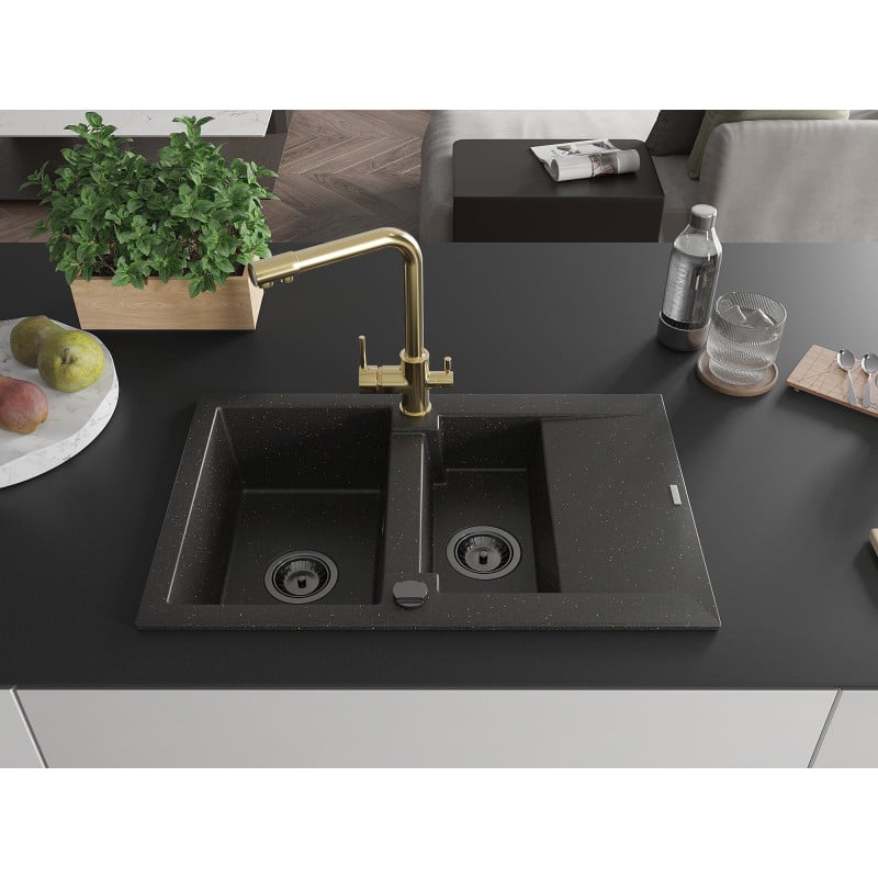 Mexen Gaspar Granitspüle 1,5-Wanne mit Abtropffläche und Küchenarmatur Duero, schwarz/gold - 6507-75-671600-50-B