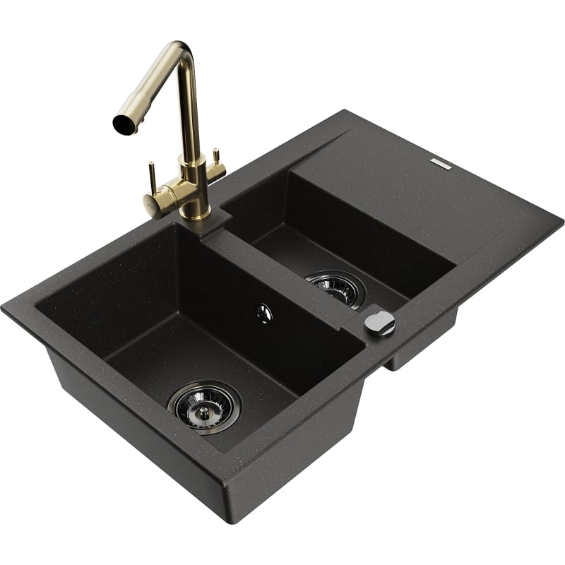 Mexen Gaspar granitspüle 1,5-becken mit abtropffläche und küchenarmatur Duero, schwarz/gold - 6507-75-671600-50-B