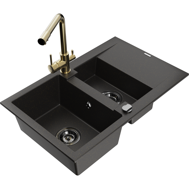 Mexen Gaspar Granitspüle 1,5-Wanne mit Abtropffläche und Küchenarmatur Duero, schwarz/gold - 6507-75-671600-50-B