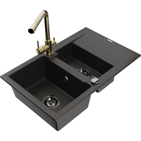 Mexen Gaspar Granitspüle 1,5-Wanne mit Abtropffläche und Küchenarmatur Duero, schwarz/gold - 6507-75-671600-50-B
