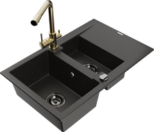 Mexen Gaspar Granitspüle 1,5-Wanne mit Abtropffläche und Küchenarmatur Duero, schwarz/gold - 6507-75-671600-50-B