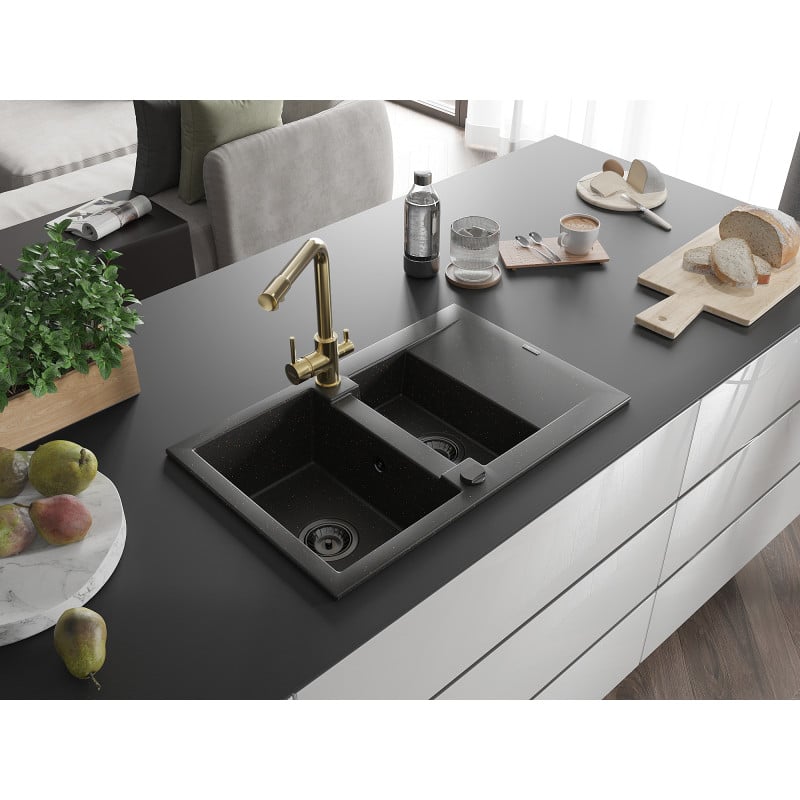 Mexen Gaspar Granitspüle 1,5-Wanne mit Abtropffläche und Küchenarmatur Duero, schwarz/gold - 6507-75-671600-50-B