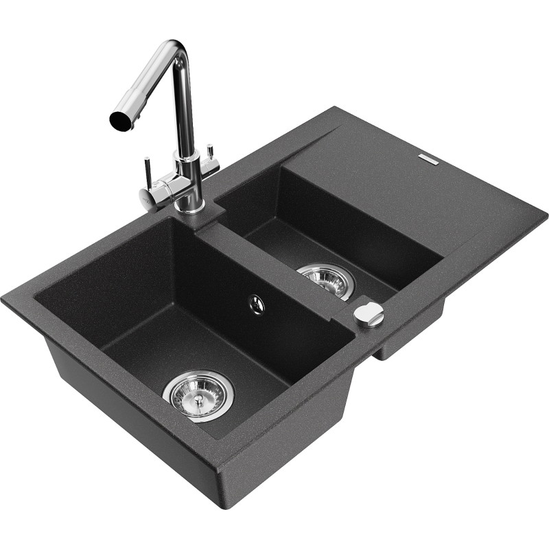 Mexen Gaspar Granitspüle 1,5-fach mit Abtropffläche und Küchenarmatur Duero, schwarz gesprenkelt - 6507-76-671600-00
