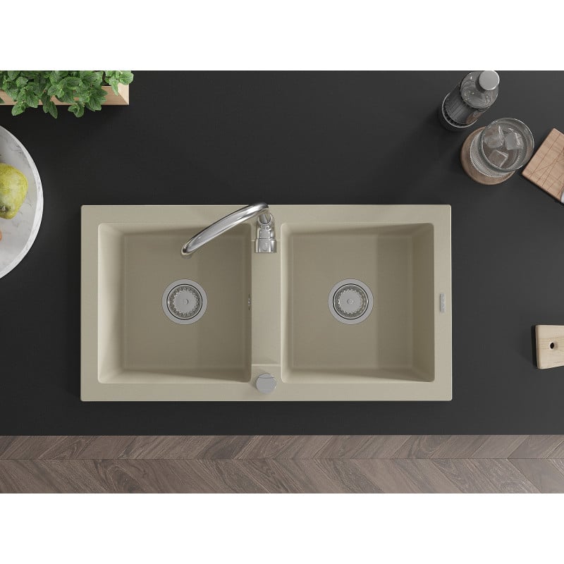 Mexen Mario Granitspüle 2-Kammer mit Küchenarmatur Telma, beige - 6504-69-670200-00