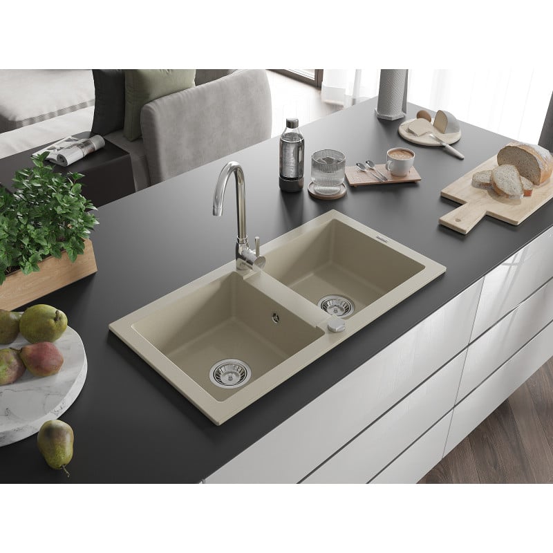 Mexen Mario Granitspüle 2-Kammer mit Küchenarmatur Telma, beige - 6504-69-670200-00