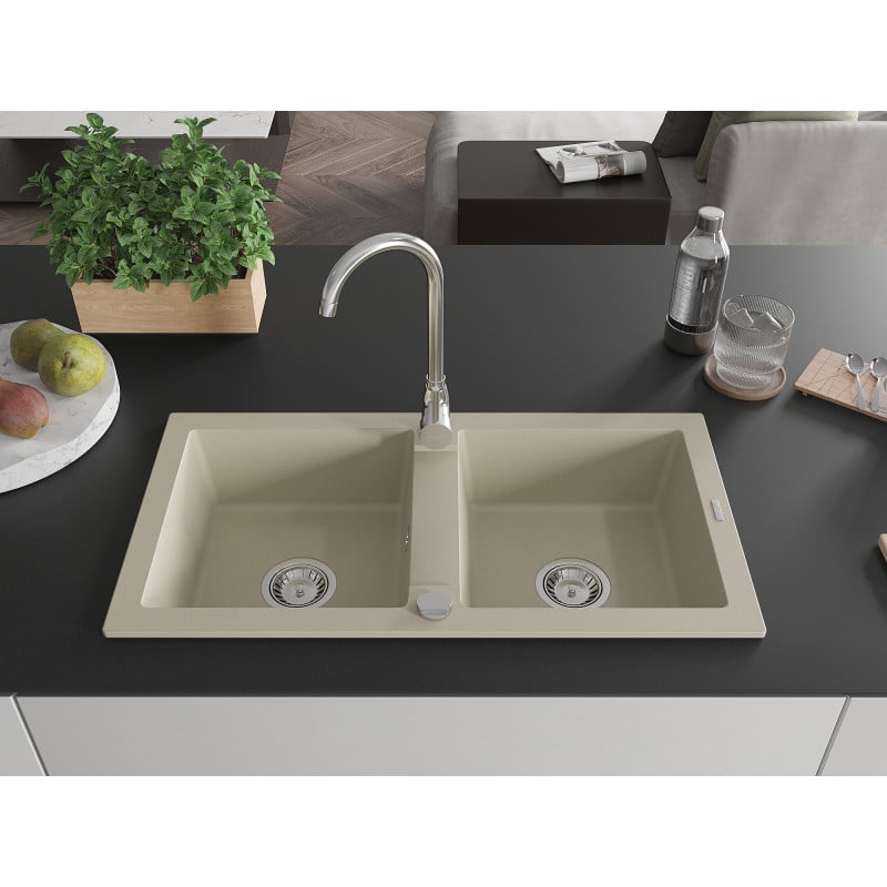 Mexen Mario Granitspüle 2-Kammer mit Küchenarmatur Telma, beige - 6504-69-670200-00