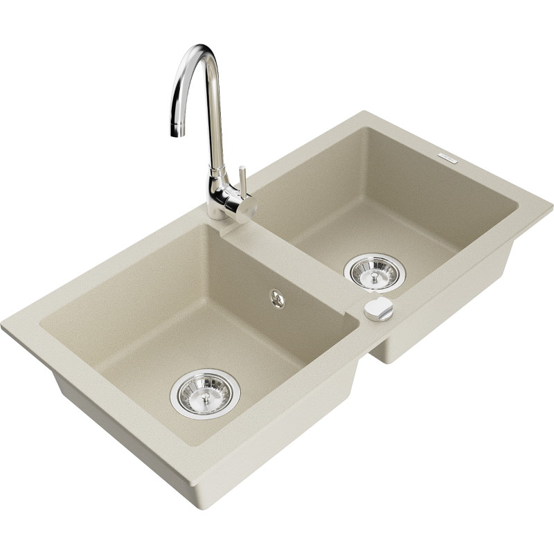 Mexen Mario granitspüle, 2-becken, mit Küchenarmatur Telma, beige - 6504-69-670200-00