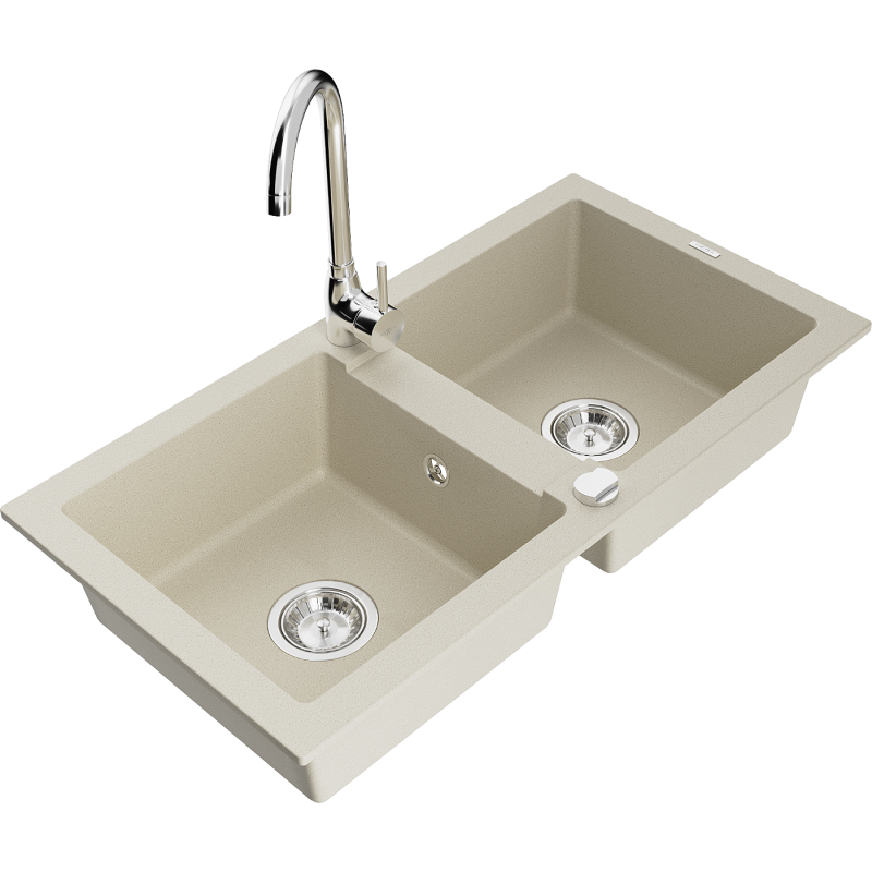 Mexen Mario Granitspüle 2-Kammer mit Küchenarmatur Telma, beige - 6504-69-670200-00