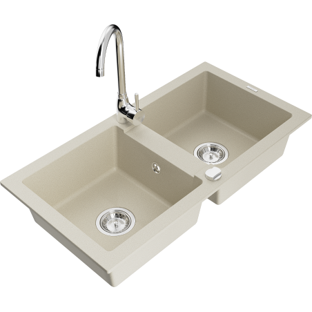 Mexen Mario granitspüle mit 2 Becken mit Küchenarmatur Telma, beige - 6504-69-670200-00